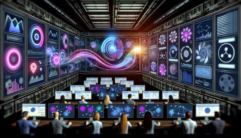 Dynamisch inszenierter Maschinenraum mit großen Dashboards, leuchtenden Datenleitungen, Marketers und moderner KI-Grafik für digitales Marketing