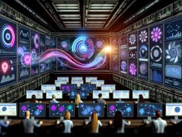 Dynamisch inszenierter Maschinenraum mit großen Dashboards, leuchtenden Datenleitungen, Marketers und moderner KI-Grafik für digitales Marketing