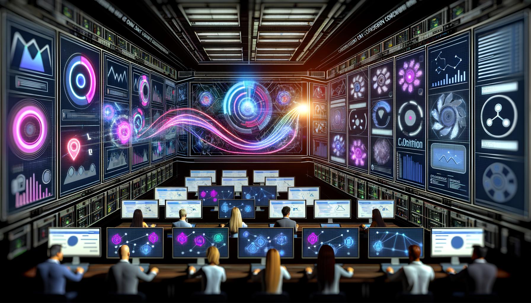 Dynamisch inszenierter Maschinenraum mit großen Dashboards, leuchtenden Datenleitungen, Marketers und moderner KI-Grafik für digitales Marketing