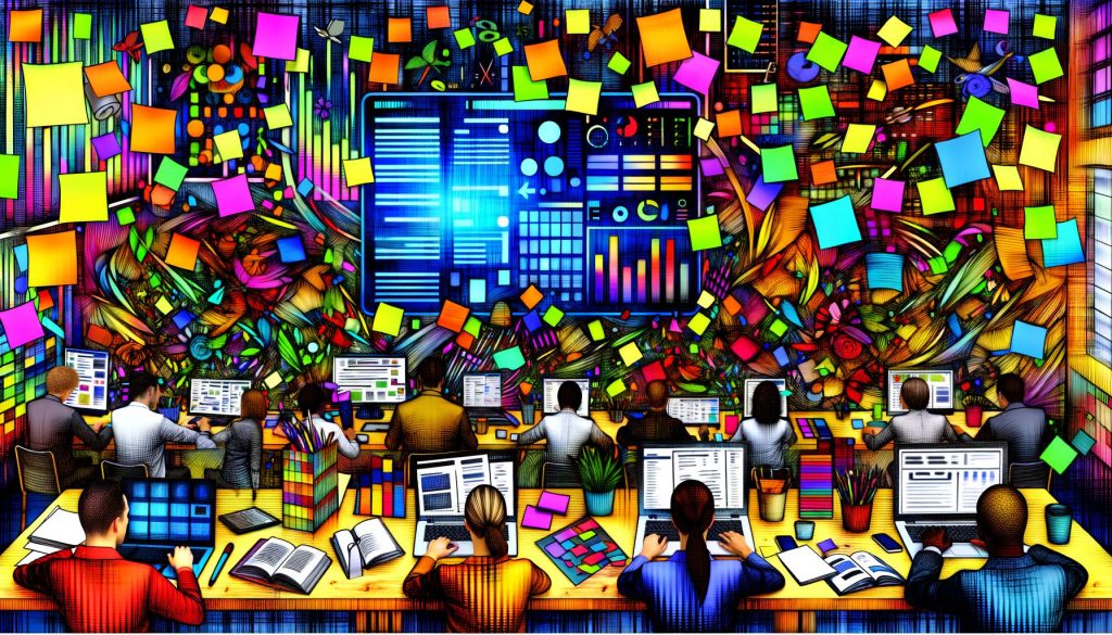 Chaotischer Schreibtisch mit bunten Notizzetteln, überlappendem Kalender, offenen Laptops und Tablets, viele Nachrichten und gestresste Büroangestellte; zentrales digitales Dashboard schafft Übersicht.