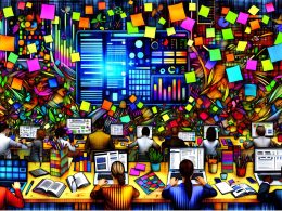 Chaotischer Schreibtisch mit bunten Notizzetteln, überlappendem Kalender, offenen Laptops und Tablets, viele Nachrichten und gestresste Büroangestellte; zentrales digitales Dashboard schafft Übersicht.