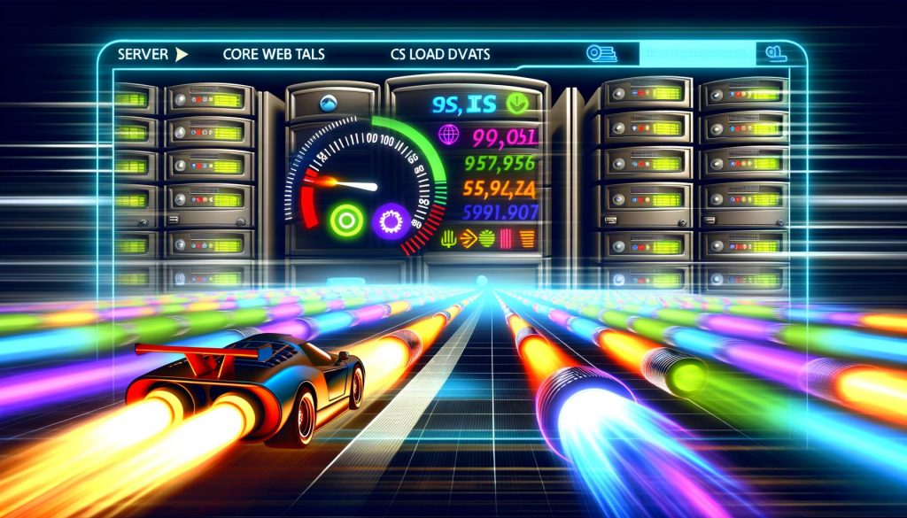 Illustration eines modernen Web-Performance Dashboards mit Core Web Vitals, schnellen Datenströmen von einem nitrobetriebenen Server und leuchtender Autobahn im technoiden Neonstil.