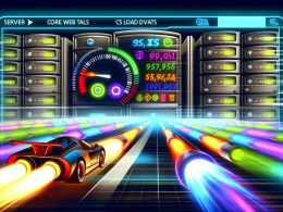 Illustration eines modernen Web-Performance Dashboards mit Core Web Vitals, schnellen Datenströmen von einem nitrobetriebenen Server und leuchtender Autobahn im technoiden Neonstil.