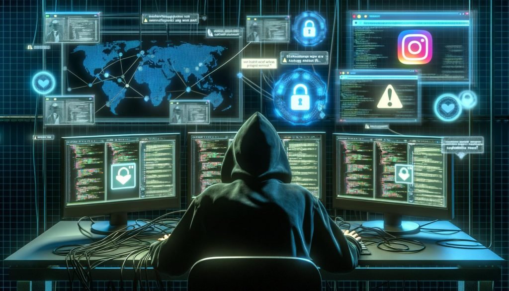 Person vor Monitoren mit Instagram-Profilen, Code, Datenströmen und digitalen Schutzschilden in einem abgedunkelten, urbanen Tech-Labor. Im Hintergrund das Instagram-Logo und Warnsymbole.