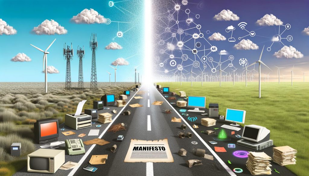 Eine Straße teilt sich in zwei Welten: links veraltete Technik wie Faxgerät und Röhrenmonitor, rechts moderne Digitalisierung mit Glasfaser, 5G und KI. Mittig ein Manifest mit der Aufschrift ‚Zukunft digital gestalten‘.