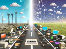 Eine Straße teilt sich in zwei Welten: links veraltete Technik wie Faxgerät und Röhrenmonitor, rechts moderne Digitalisierung mit Glasfaser, 5G und KI. Mittig ein Manifest mit der Aufschrift ‚Zukunft digital gestalten‘.