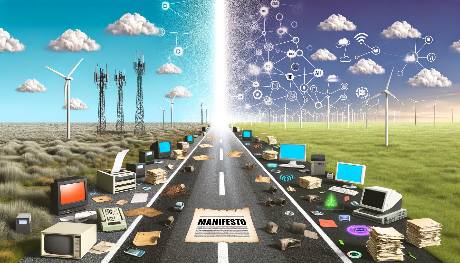Eine Straße teilt sich in zwei Welten: links veraltete Technik wie Faxgerät und Röhrenmonitor, rechts moderne Digitalisierung mit Glasfaser, 5G und KI. Mittig ein Manifest mit der Aufschrift ‚Zukunft digital gestalten‘.