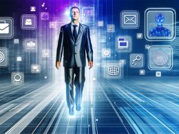 Geschäftsperson im Anzug schwebt vor holografischen Schnittstellen und 3D-Symbolen, im Hintergrund verschmelzen digitale Netze mit abstrahierten Bürogebäuden und Industriehallen, Farbtöne in Blau, Silber und Violett.