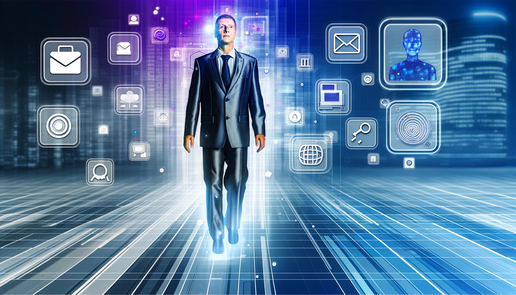 Geschäftsperson im Anzug schwebt vor holografischen Schnittstellen und 3D-Symbolen, im Hintergrund verschmelzen digitale Netze mit abstrahierten Bürogebäuden und Industriehallen, Farbtöne in Blau, Silber und Violett.