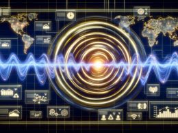 Dynamische Illustration eines digitalen Maschinenraums mit Make-Logo im Zentrum, umgeben von vernetzten Symbolen für CRM, E-Mail, CMS, Google Sheets und Webhooks. Menschen mit Laptops kontrollieren leistungsfähige Datenströme, papierbasierte Arbeitsmittel wirken verblasst.