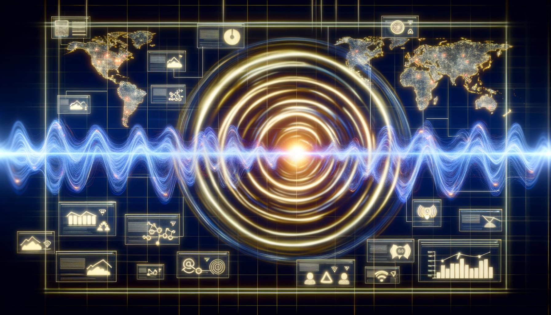 Futuristische Matrix-Umgebung mit leuchtenden Netzwerk-Wellen, Daten-Dashboards, KI-Analysen und integrierten Geräteschnittstellen für Kampagnenauswertungen