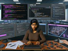 Futuristischer Arbeitsplatz mit großen Monitoren, die komplexe Analytics-Dashboards, gtag.js-Code und Consent-Banner zeigen. Ein ernst blickender Entwickler arbeitet an einer anspruchsvollen Tracking-Architektur.