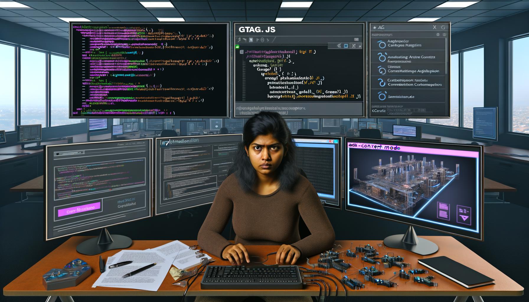 Futuristischer Arbeitsplatz mit großen Monitoren, die komplexe Analytics-Dashboards, gtag.js-Code und Consent-Banner zeigen. Ein ernst blickender Entwickler arbeitet an einer anspruchsvollen Tracking-Architektur.