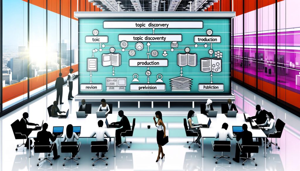 Helles, modernes Büro mit zentralem Touchscreen, auf dem ein bunter Content-Workflow-Editor angezeigt wird; diverse Teammitglieder diskutieren und koordinieren Aufgaben an Laptops.