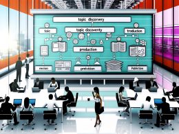 Helles, modernes Büro mit zentralem Touchscreen, auf dem ein bunter Content-Workflow-Editor angezeigt wird; diverse Teammitglieder diskutieren und koordinieren Aufgaben an Laptops.