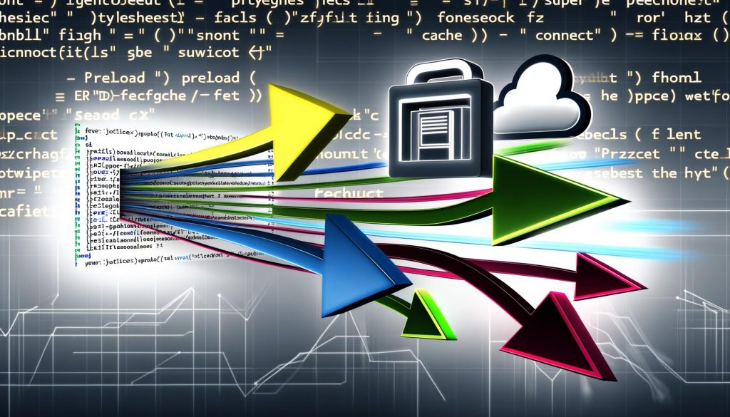 Nahaufnahme eines modernen Browser-Fensters mit visuellen Darstellungen der Prozesse Preload, Prefetch und Preconnect, ergänzt durch HTML-Code, Symbole und Geschwindigkeitshinweise.