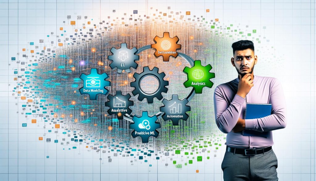 Eine Serie moderner Illustrationen zur Datenanalyse zeigt den Wandel von überladenen Dashboards, zerstreuten Datensilos und unstrukturierten KPIs hin zu klar strukturierten Analytics-Modellen, zentraler Datenkonsolidierung, Predictive Analytics und umsatzsteigernden Insights.