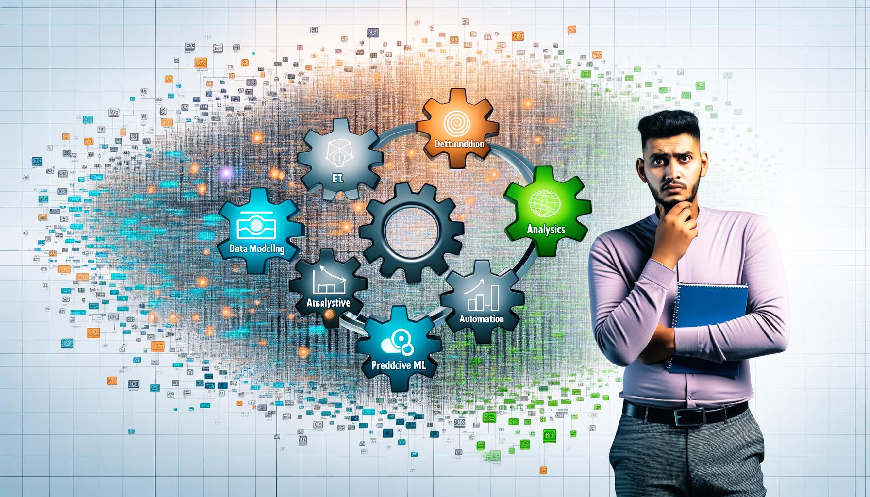 Eine Serie moderner Illustrationen zur Datenanalyse zeigt den Wandel von überladenen Dashboards, zerstreuten Datensilos und unstrukturierten KPIs hin zu klar strukturierten Analytics-Modellen, zentraler Datenkonsolidierung, Predictive Analytics und umsatzsteigernden Insights.