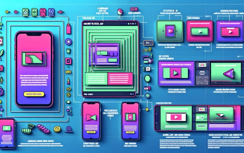 Split-Illustration mit klassischen Display-Anzeigen, Video-Ads auf Laptop und Smartphone, nativen Werbeformaten und Social-Media-Ads wie Instagram Stories, TikTok Karussells und Facebook Sponsored Posts. Infografik-Elemente erklären technische Details.