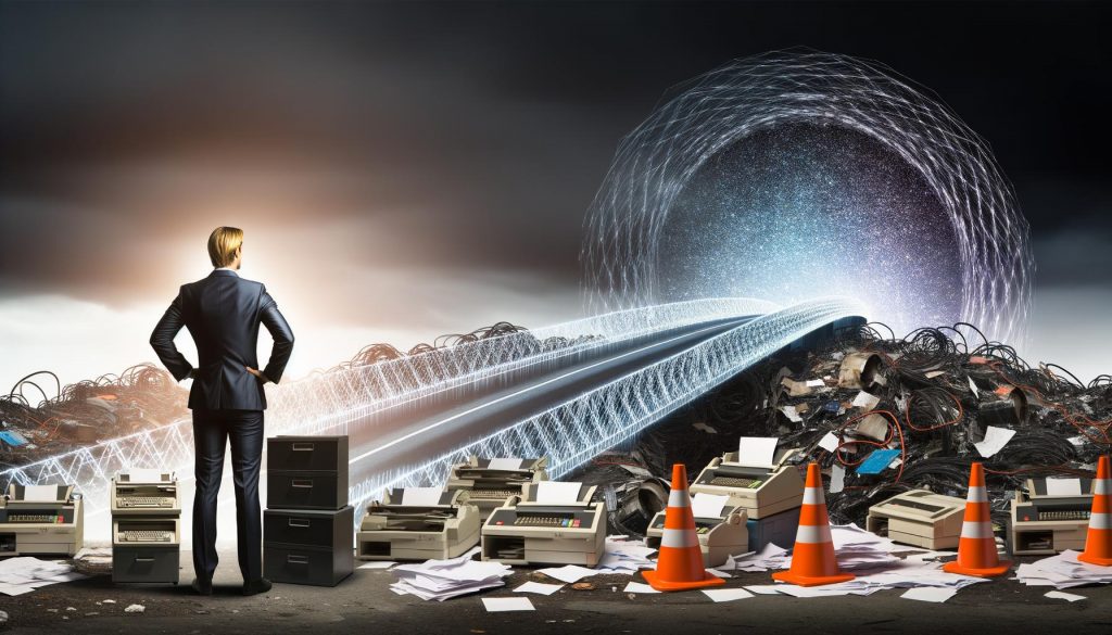 Metaphorische Illustration eines deutschen Politikers im Anzug, der vor einem Abgrund aus Faxgeräten, Kabelwirrwarr und zerfallender digitaler Infrastruktur steht und eine futuristische digitale Skyline betrachtet.