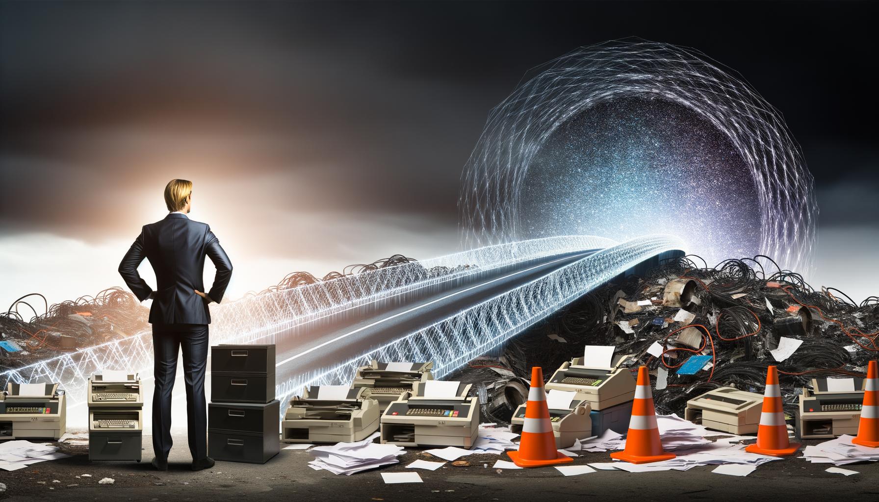 Metaphorische Illustration eines deutschen Politikers im Anzug, der vor einem Abgrund aus Faxgeräten, Kabelwirrwarr und zerfallender digitaler Infrastruktur steht und eine futuristische digitale Skyline betrachtet.