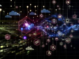 Futuristische 3D-Illustration mit schwebenden Sensoren, leuchtenden Datenströmen, polygonalen 3D-Modellen und vernetzten Elementen räumlicher Computertechnik.