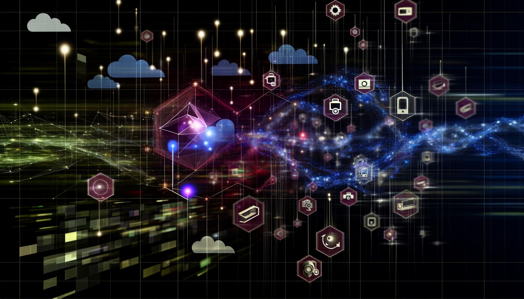Futuristische 3D-Illustration mit schwebenden Sensoren, leuchtenden Datenströmen, polygonalen 3D-Modellen und vernetzten Elementen räumlicher Computertechnik.