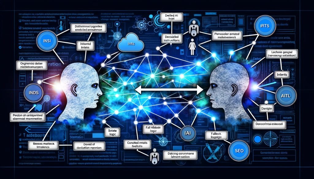 Konzeptgrafik eines Menschen und einer KI, die sich über eine digitale Karte mit Dialogpfaden, Knotenpunkten und technischen Symbolen zu Intent, State Management und Fallbacklogik gegenüberstehen. Im Hintergrund Symbole für SEO und Conversion-Metriken.