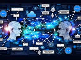 Konzeptgrafik eines Menschen und einer KI, die sich über eine digitale Karte mit Dialogpfaden, Knotenpunkten und technischen Symbolen zu Intent, State Management und Fallbacklogik gegenüberstehen. Im Hintergrund Symbole für SEO und Conversion-Metriken.