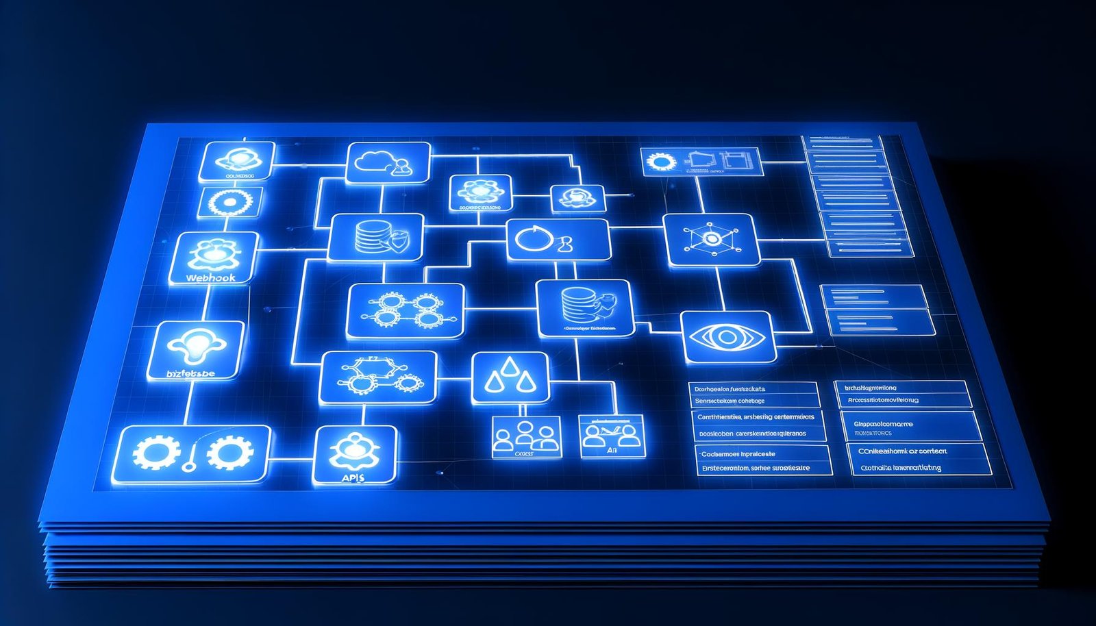 Abstraktes digitales Blueprint in Blau auf dunklem Hintergrund, mit modularen Prozessabschnitten, Icons für Webhooks, APIs, Datenbanken und Monitoring-Tools