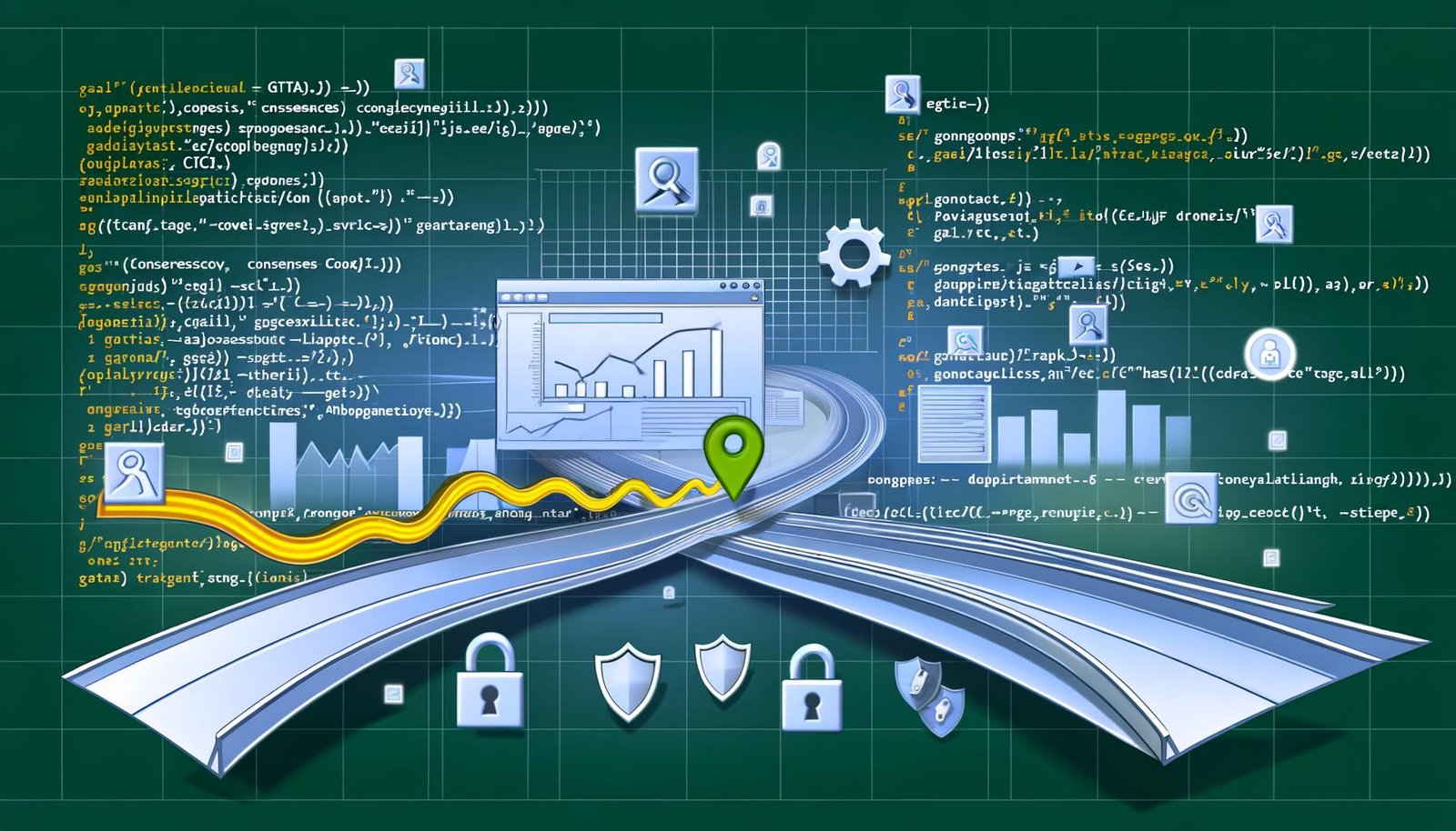 Moderne Illustration eines Daten-Highways mit gtag.js-Code, Analysepunkten, Consent-Bannern sowie Schutz- und SEO-Symbolen auf einer Website-Oberfläche, die Datenschutz und technische Kontrolle hervorheben.