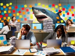 Gestresstes Marketing-Team zwischen Papierstapeln und Laptops, im Hintergrund ein Hai als Symbol für digitale Konkurrenz