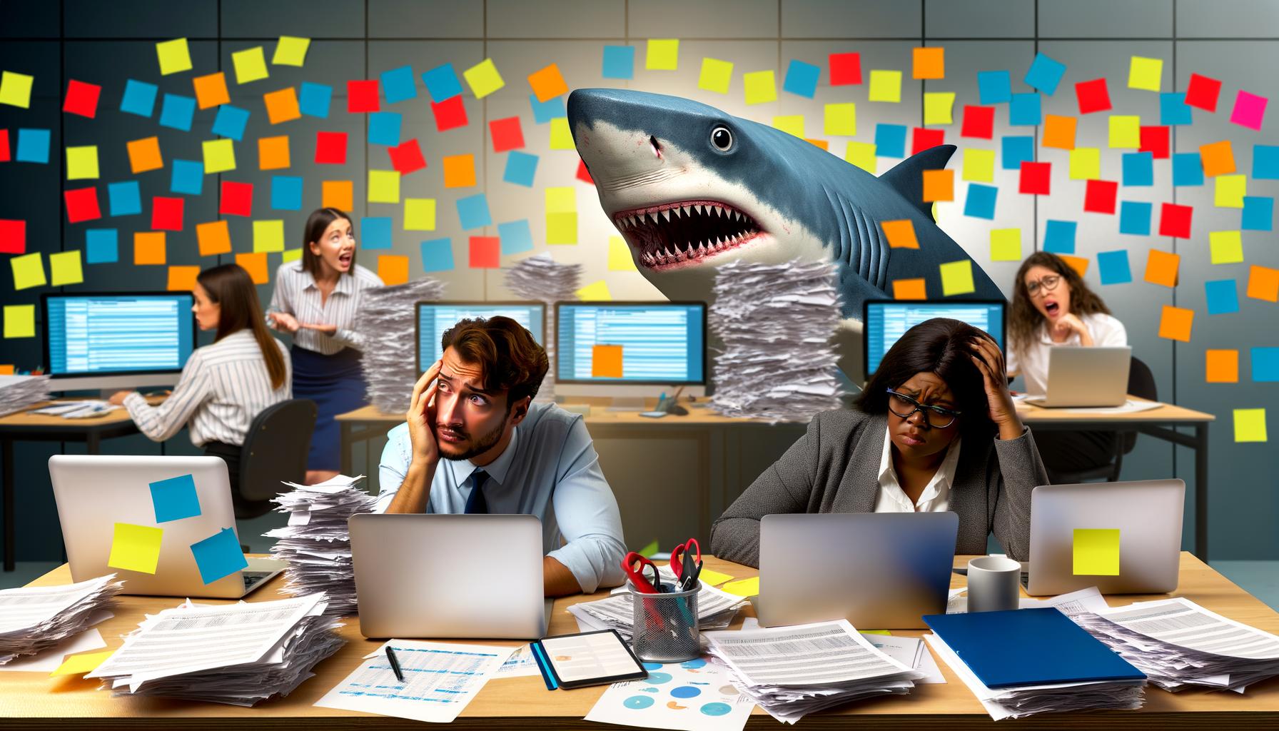 Gestresstes Marketing-Team zwischen Papierstapeln und Laptops, im Hintergrund ein Hai als Symbol für digitale Konkurrenz