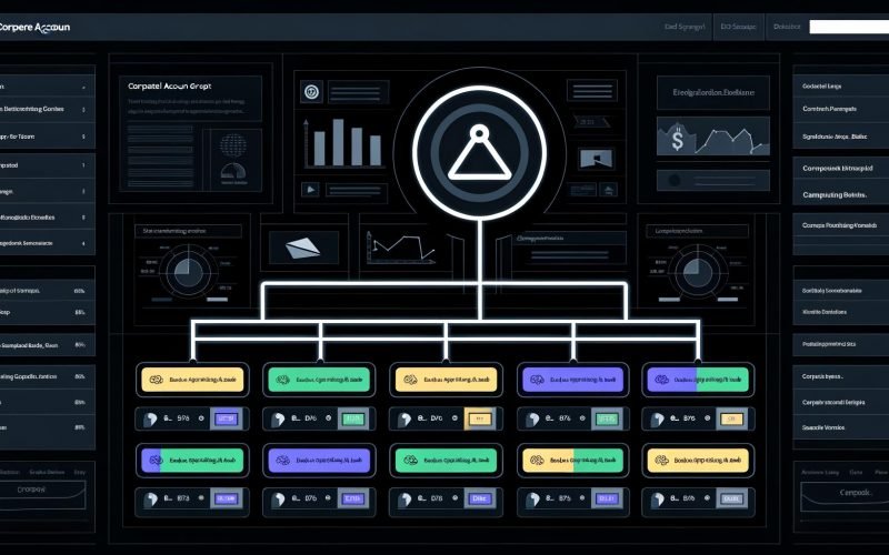 Moderne, grafische Illustration eines Google-Ads-Dashboards im dunklen Interface mit Unternehmenskonto, Kampagnen, farbigen Anzeigengruppen, Keywordchips und leuchtenden PPC-Statistiken.