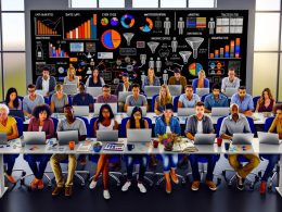 Marketingteam in einem modernen Büro analysiert lebendige Dashboards, Conversion-Visualisierungen und Echtzeit-Daten vor mehreren Monitoren, während strategische Pläne an einer Glaswand sichtbar sind