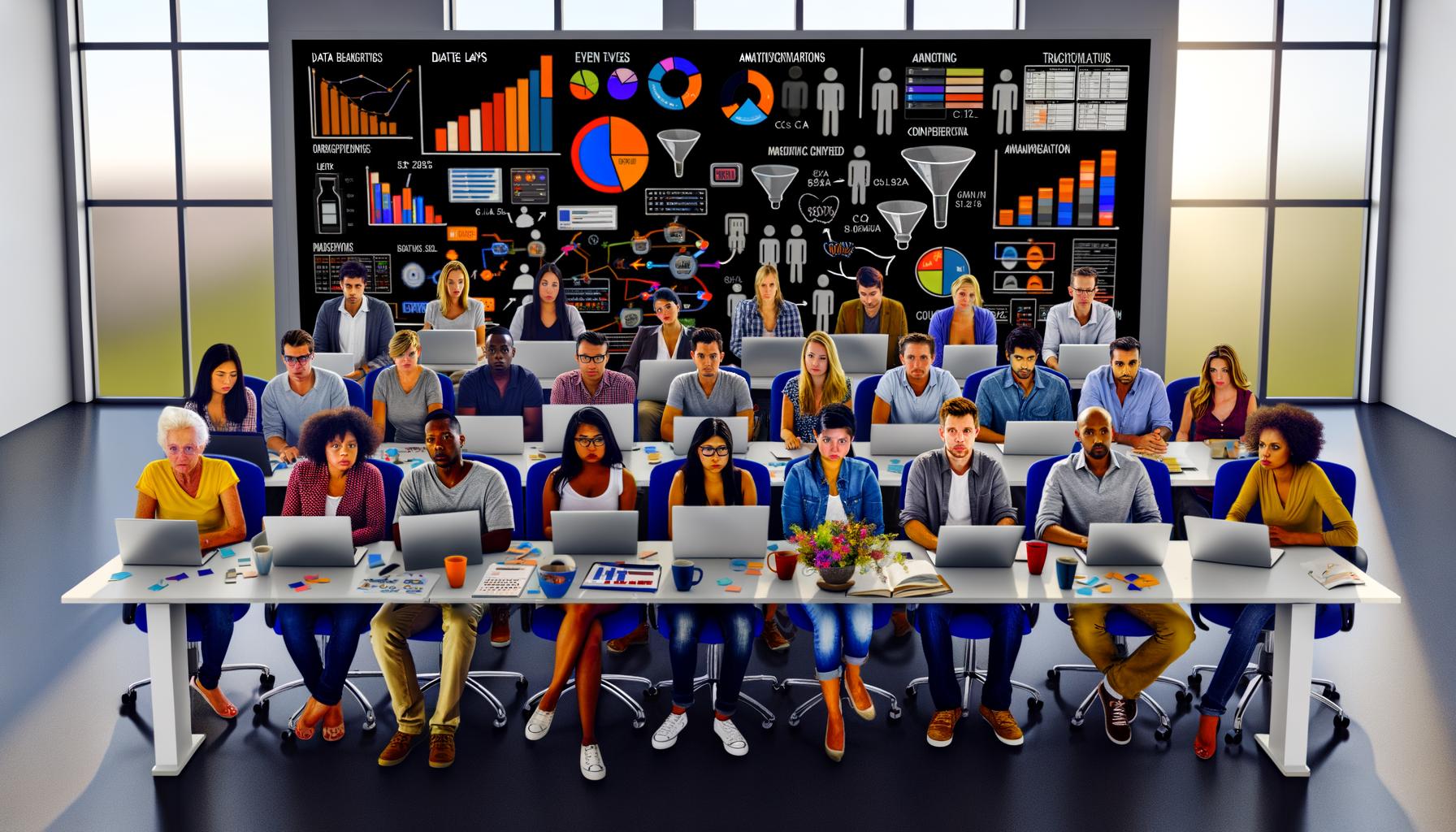 Marketingteam in einem modernen Büro analysiert lebendige Dashboards, Conversion-Visualisierungen und Echtzeit-Daten vor mehreren Monitoren, während strategische Pläne an einer Glaswand sichtbar sind