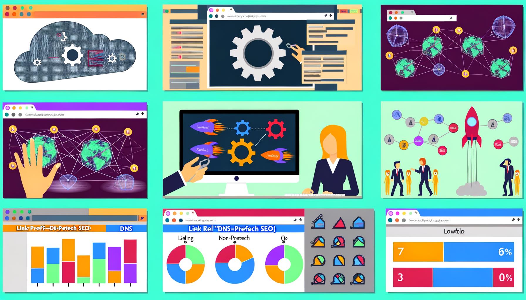 Moderne Website mit technischen SEO-Elementen, Ladebalken, Netzwerk-Icons und HTML-DNS-Prefetch-Tags für bessere Ladezeiten. Weitere Bilder zeigen Browser-Requests, DNS Prefetch-Schilder, Comic-Netzwerklabor mit Prefetch-Raketen, Entwickler mit Code und Notizen, anschauliche Infografiken zum Ladeprozess, Waterfall-Diagramme, Rennszenen zwischen klassischen und technischen SEOs, sowie einen gläsernen Ladepfad mit schnellen Datenpaketen.