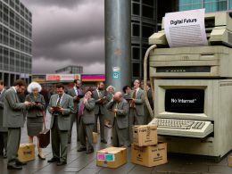 Satirische Darstellung eines alten Computertowers mit Faxgerät und angestaubtem Strategiepapier auf einem modernen deutschen Marktplatz. Bürokraten in grauen Anzügen, Menschen mit Smartphones und Papierformularen sowie ein Werbeplakat für Glasfaser 2030 im Hintergrund.