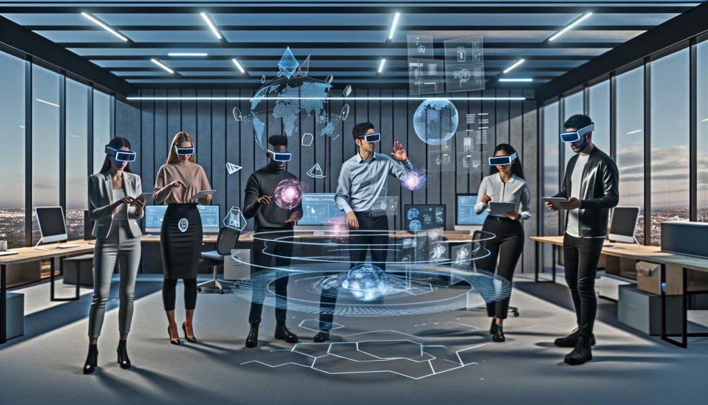 Futuristisches Büro 2025 mit Menschen, die AR-Brillen und VR-Headsets tragen und virtuelle 3D-Hologramme und Daten-Interfaces bedienen.