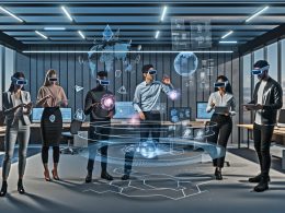 Futuristisches Büro 2025 mit Menschen, die AR-Brillen und VR-Headsets tragen und virtuelle 3D-Hologramme und Daten-Interfaces bedienen.