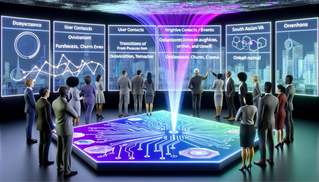 Futuristischer Arbeitsplatz: Diverse Geschäftsleute analysieren Daten auf einem interaktiven Bildschirm mit KI-Diagrammen und Neonfarben.