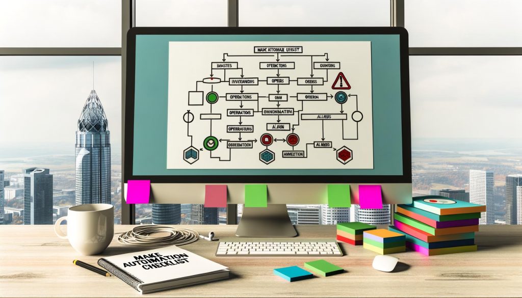 Moderner Schreibtisch mit Computerbildschirm, der eine Automatisierungs-Checkliste und Flowcharts zeigt, daneben bunte Haftnotizen, Kaffee, Notizbuch und technische Geräte vor Stadt-Panorama.