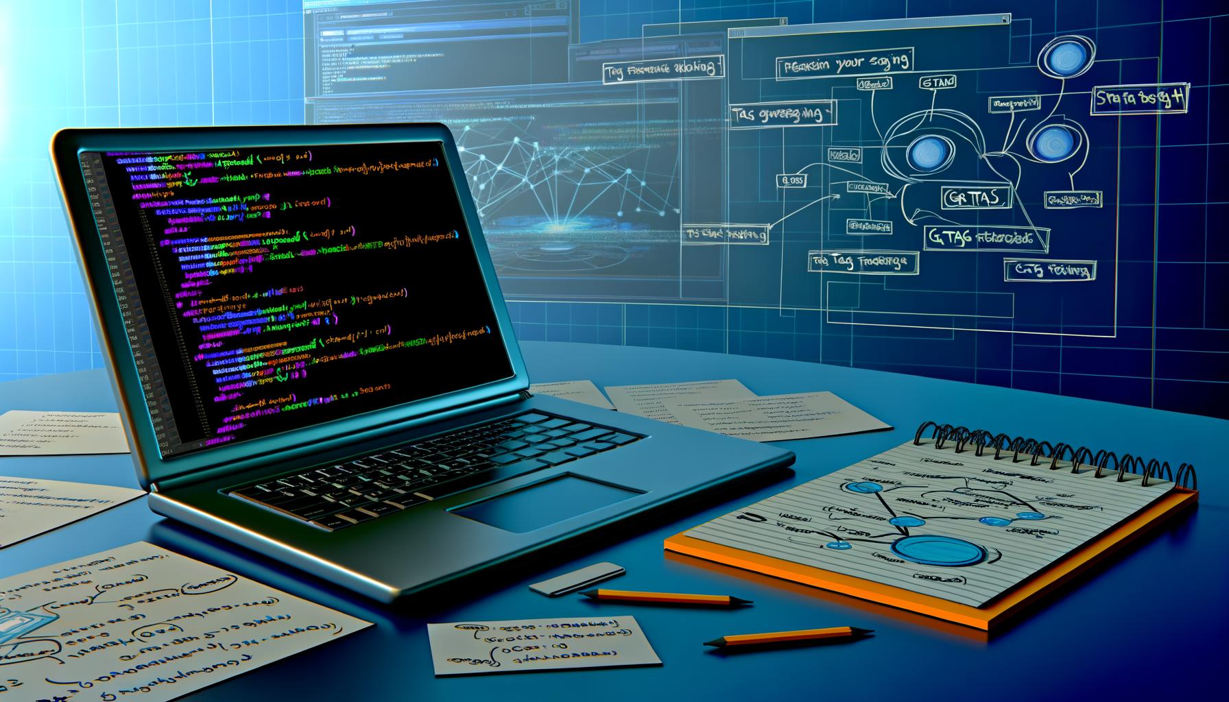 Moderner Arbeitsplatz mit Laptop, der gtag.js-Code anzeigt, umgeben von Notizblöcken mit gezeichneten Tag-Trigger-Flowcharts und angedeuteten Analytics-Diagrammen im Hintergrund.