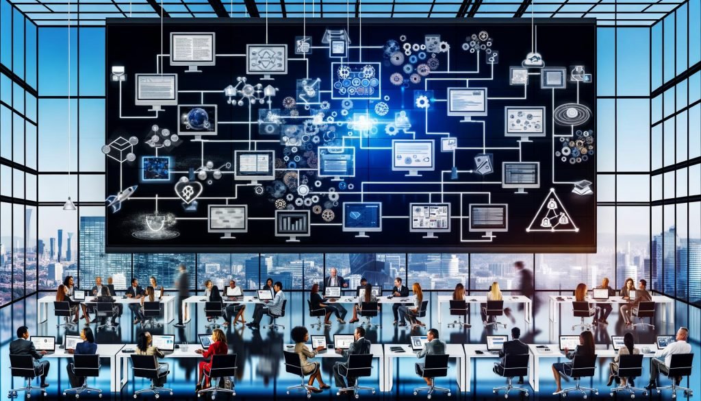 Modernes Büro mit vielfältigen Content-Profis, digitalen Geräten, Flowcharts, Kanban-Boards, und vernetzten digitalen Assets, die effiziente, automatisierte Arbeitsprozesse symbolisieren.
