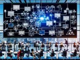 Modernes Büro mit vielfältigen Content-Profis, digitalen Geräten, Flowcharts, Kanban-Boards, und vernetzten digitalen Assets, die effiziente, automatisierte Arbeitsprozesse symbolisieren.