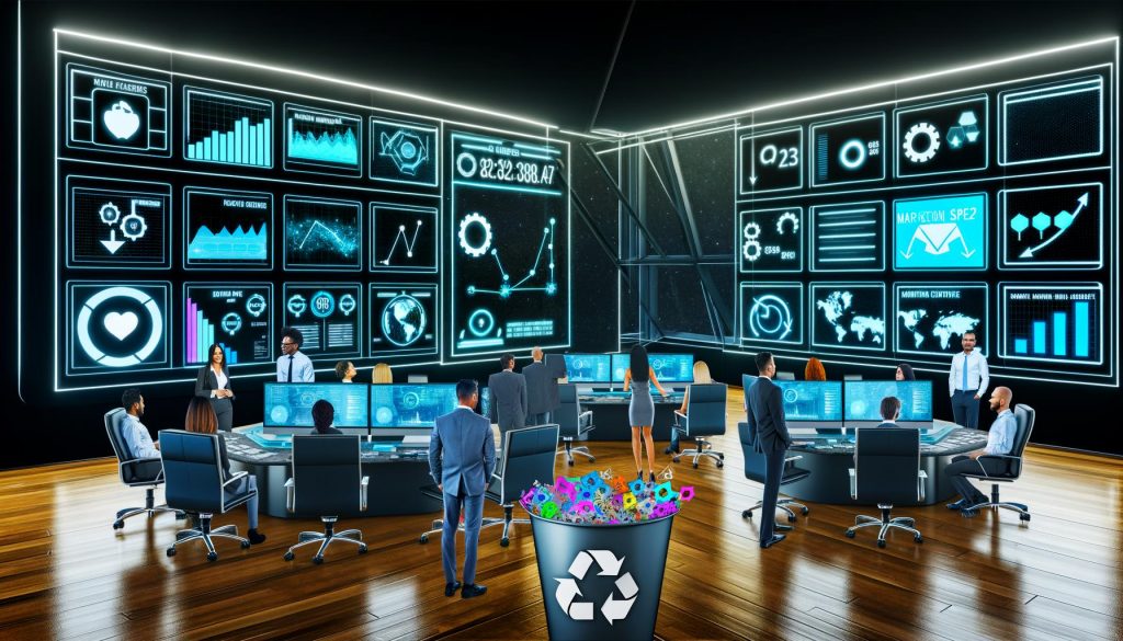Futuristisches Marketingzentrum mit digitalen Dashboards, multikulturellem Team und vernetzten Datenströmen. Ausgemusterte Excel-Tabellen liegen im Recycling.
