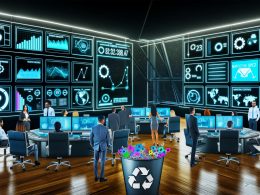 Futuristisches Marketingzentrum mit digitalen Dashboards, multikulturellem Team und vernetzten Datenströmen. Ausgemusterte Excel-Tabellen liegen im Recycling.