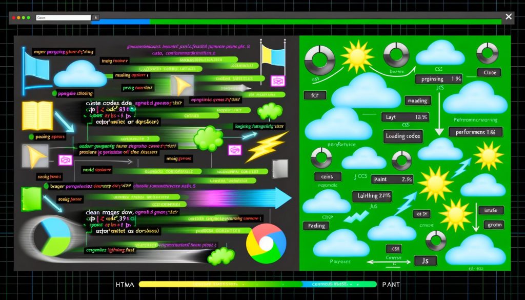 Illustration eines direkten Vergleichs zwischen einer überladenen, langsamen Webseite und einer schnellen, optimierten Website, dargestellt durch Split-Screen und visuelle Browserpipelines mit HTML, CSS, JS und Bildressourcen.