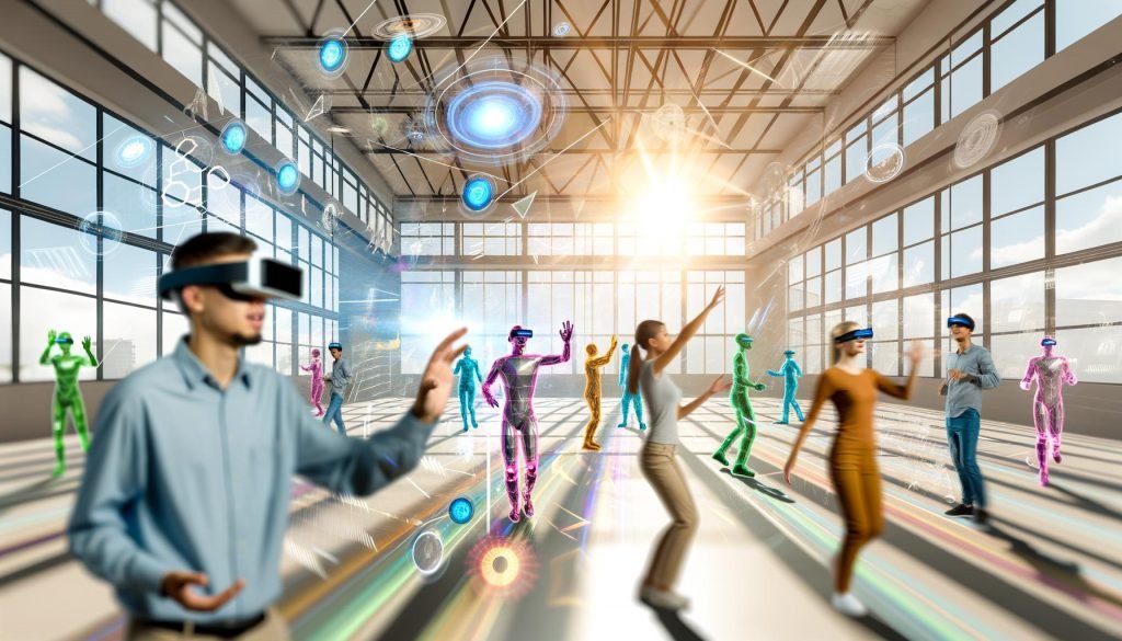 Menschen mit AR-Brillen gestikulieren in einem modernen, offenen Raum, während 3D-Hologramme und virtuelle Objekte um sie herum schweben und digitale Interfaces die Umgebung ergänzen.