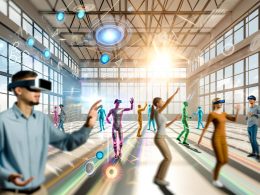 Menschen mit AR-Brillen gestikulieren in einem modernen, offenen Raum, während 3D-Hologramme und virtuelle Objekte um sie herum schweben und digitale Interfaces die Umgebung ergänzen.